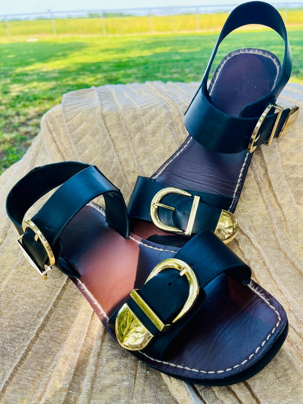 Universal Thread Black Leather Sandals with Gold Buckles